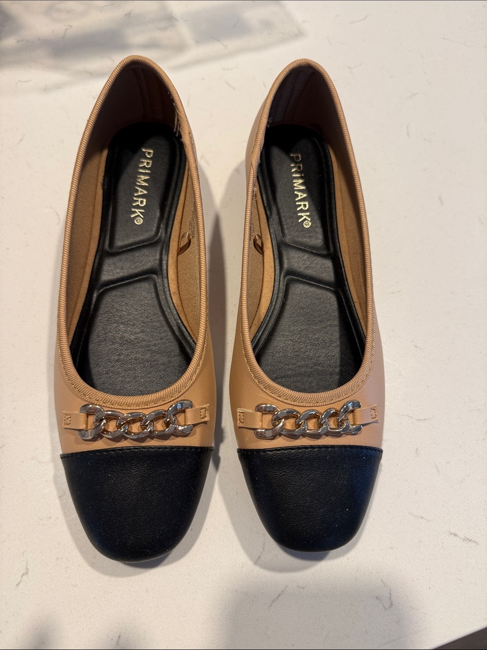 Primark Tan and Black Chain-Trim Ballet Flats